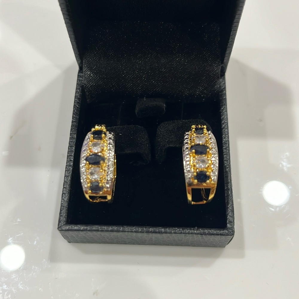 GOLD COAST BLACK ONXY & WHITE STONE HOOP GOLDTONE EARRINGS BRAND NEW